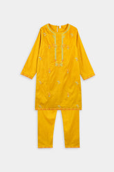 Plum 100% Fine Cotton Mustard Colour Embroidered Green Yellow 2 pc suit For Girls.